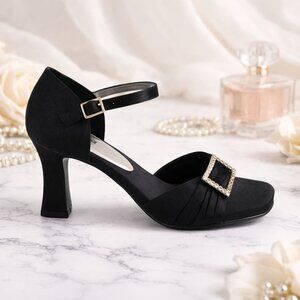 Black Salsa Satin Heels Size 9.5 Rhinestone Buckle Evening Shoes by Kenneth Cole